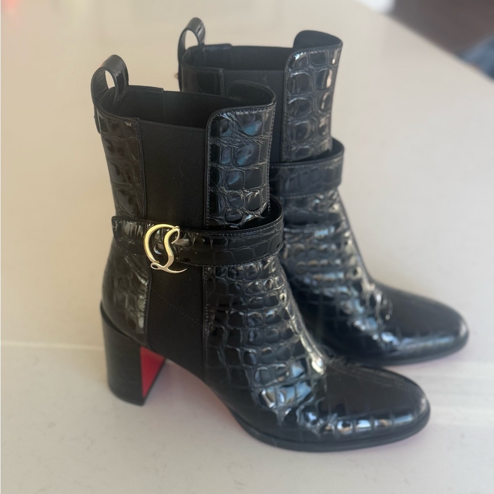 Christian Louboutin Black Croc Embossed Chelsea Boot- Calf Leather